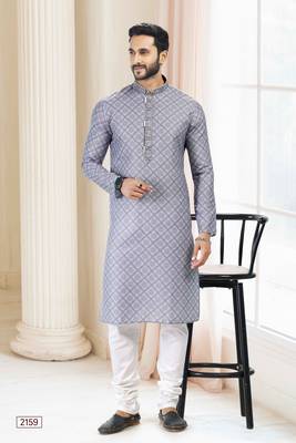Grey printed cotton kurta-pajama 1