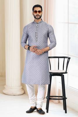Grey printed cotton kurta-pajama 2
