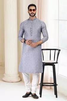 Grey printed cotton kurta-pajama