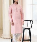 Pink printed cotton kurta-pajama