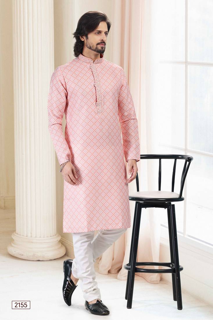 Pink printed cotton kurta-pajama