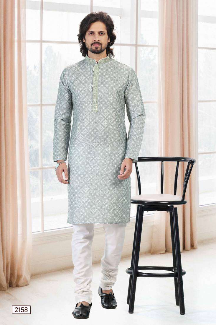 Green printed cotton kurta-pajama