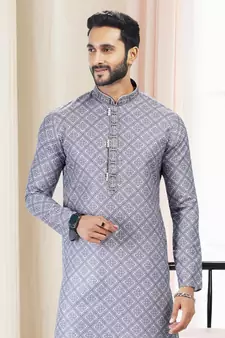Grey printed cotton kurta-pajama