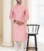 Pink printed cotton kurta-pajama
