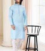 Blue printed cotton kurta-pajama