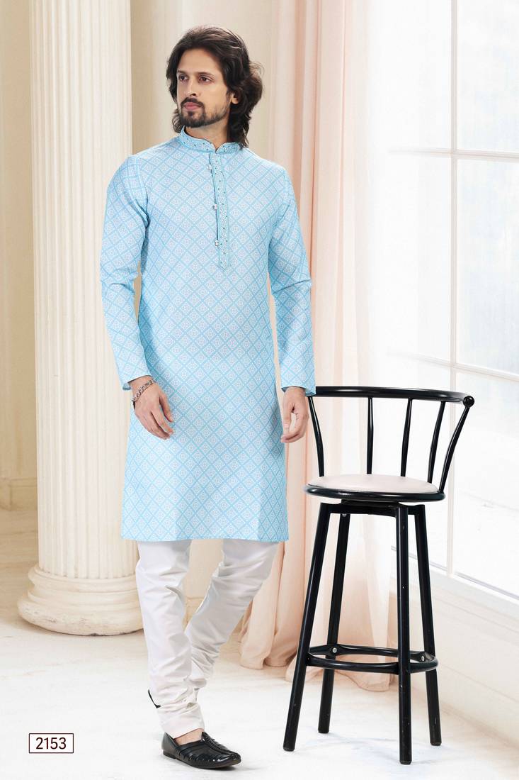 Blue printed cotton kurta-pajama
