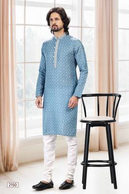 Blue printed cotton kurta-pajama 1