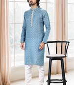 Blue printed cotton kurta-pajama