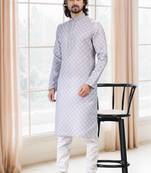Grey printed cotton kurta-pajama