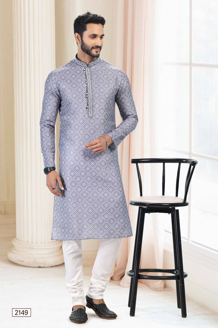 Grey printed cotton kurta-pajama