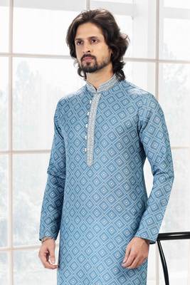 Blue printed cotton kurta-pajama 4