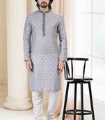 Grey printed cotton kurta-pajama