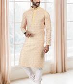 Yellow printed cotton kurta-pajama