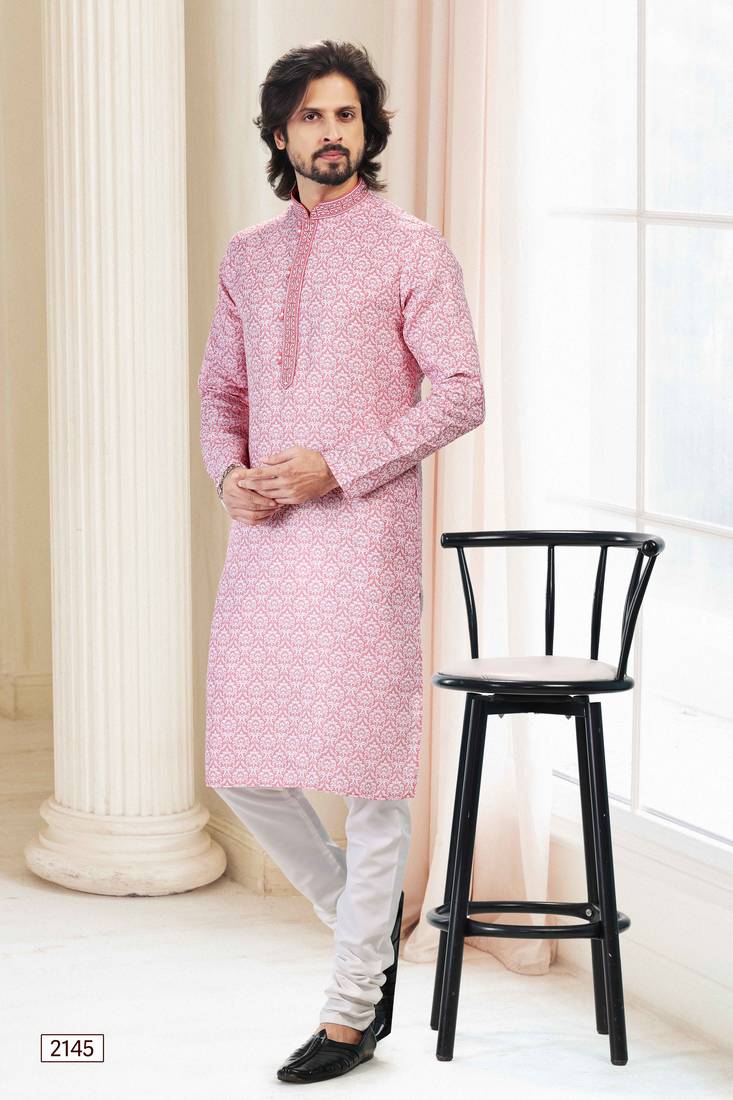 Pink printed cotton kurta-pajama