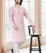 Pink printed cotton kurta-pajama