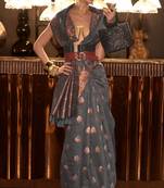 Dark Grey Woven Pure Linen Saree With Blouse