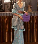 Sky Blue Woven Pure Linen Saree With Blouse