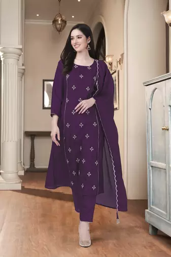 Trendmalls Dola Silk Embroidered Purple Party Wear Kurta Pant with Dupatta Salwar Suit Set