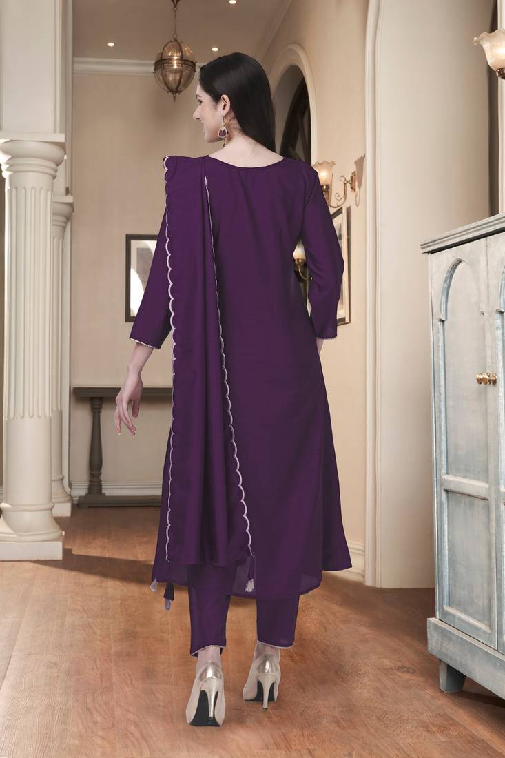 Trendmalls Dola Silk Embroidered Purple Party Wear Kurta Pant with Dupatta Salwar Suit Set