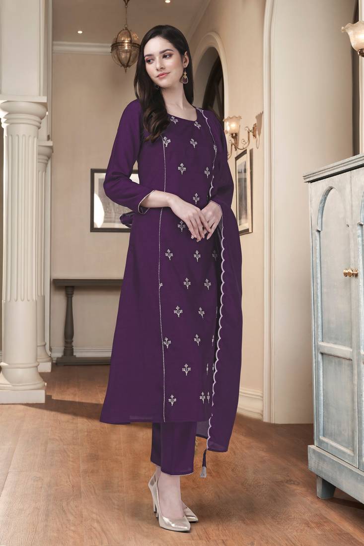 Trendmalls Dola Silk Embroidered Purple Party Wear Kurta Pant with Dupatta Salwar Suit Set