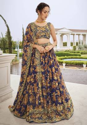 Navy-blue embroidered georgette semi stitched lehenga 1