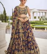 Navy-blue embroidered georgette semi stitched lehenga