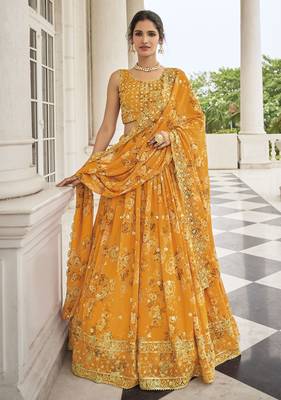 Mustard embroidered georgette semi stitched lehenga 1