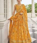 Mustard embroidered georgette semi stitched lehenga