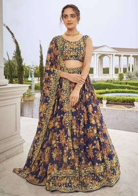 Navy-blue embroidered georgette semi stitched lehenga 2