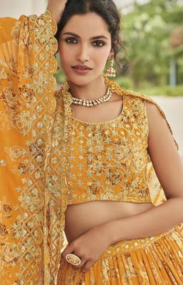 Mustard embroidered georgette semi stitched lehenga 2
