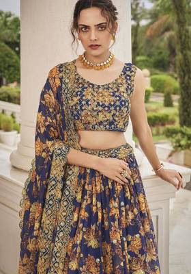 Navy-blue embroidered georgette semi stitched lehenga 3