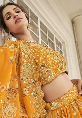 Mustard embroidered georgette semi stitched lehenga 3
