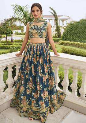 Teal embroidered georgette semi stitched lehenga 1