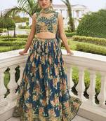 Teal embroidered georgette semi stitched lehenga