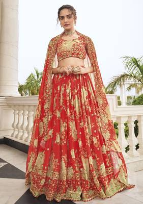 Red embroidered georgette semi stitched lehenga 1