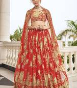 Red embroidered georgette semi stitched lehenga