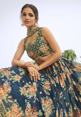 Teal embroidered georgette semi stitched lehenga 3