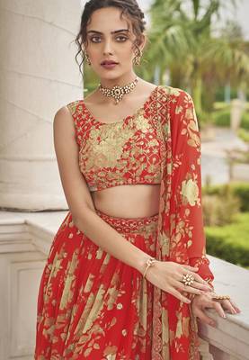 Red embroidered georgette semi stitched lehenga 2