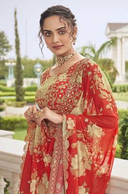 Red embroidered georgette semi stitched lehenga 3