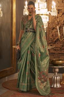 Green Woven Silk Blend Saree With Blouse