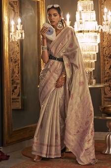 Beige Woven Silk Blend Saree With Blouse