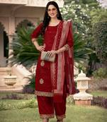 Trendmalls Maroon Satin Embroidered Cotton Party Wear Kurta Pant with Dupatta Salwar Suit Set
