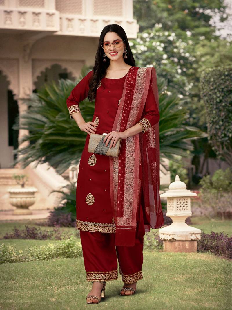 Trendmalls Maroon Satin Embroidered Cotton Party Wear Kurta Pant with Dupatta Salwar Suit Set