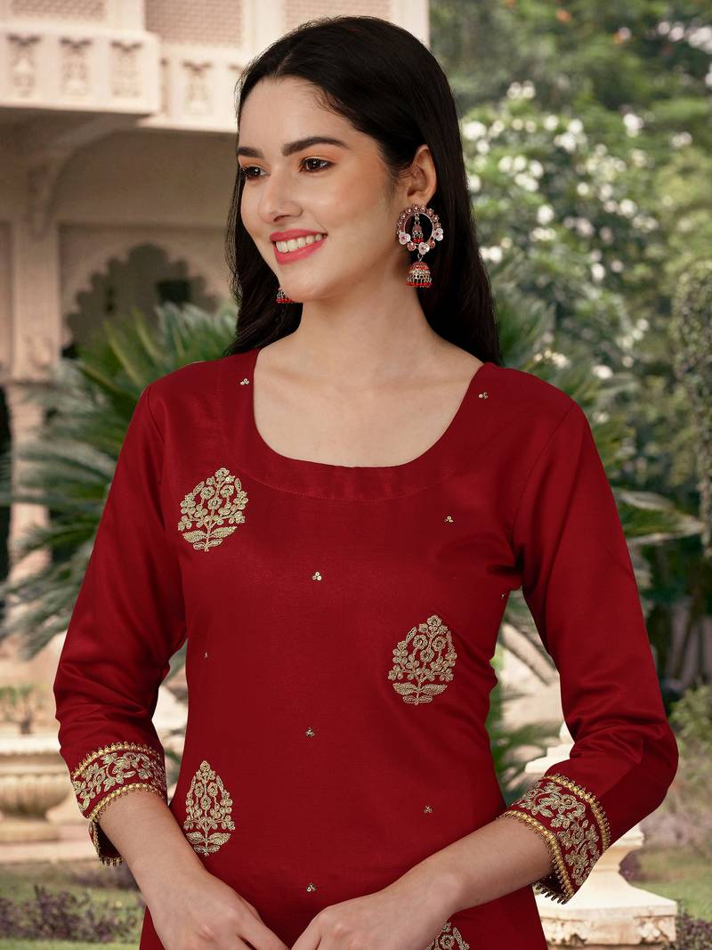 Maroon Cotton Embroidered Kurti Set for Women with Dupatta – Elegant Festive 3-Piece Suit main image 0