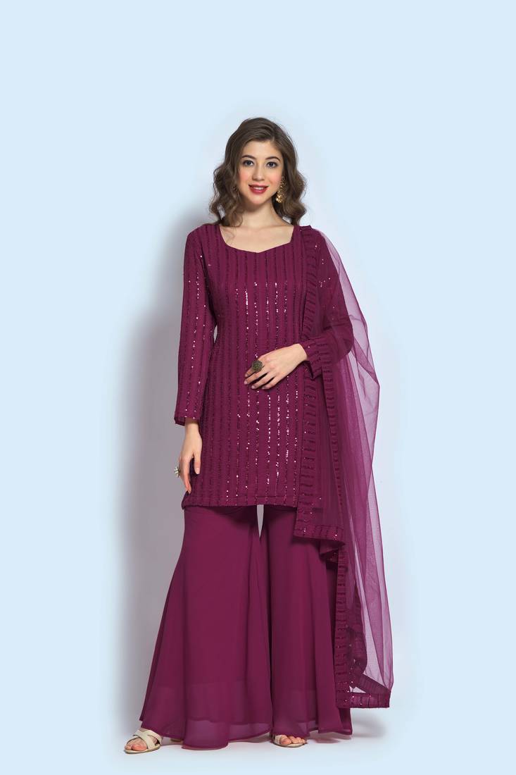 Wine Faux Georgette Sequin Embroidered Semi-Stitched Kameez, Sharara and Dupatta Set