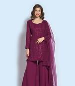Wine Faux Georgette Sequin Embroidered Semi-Stitched Kameez, Sharara and Dupatta Set