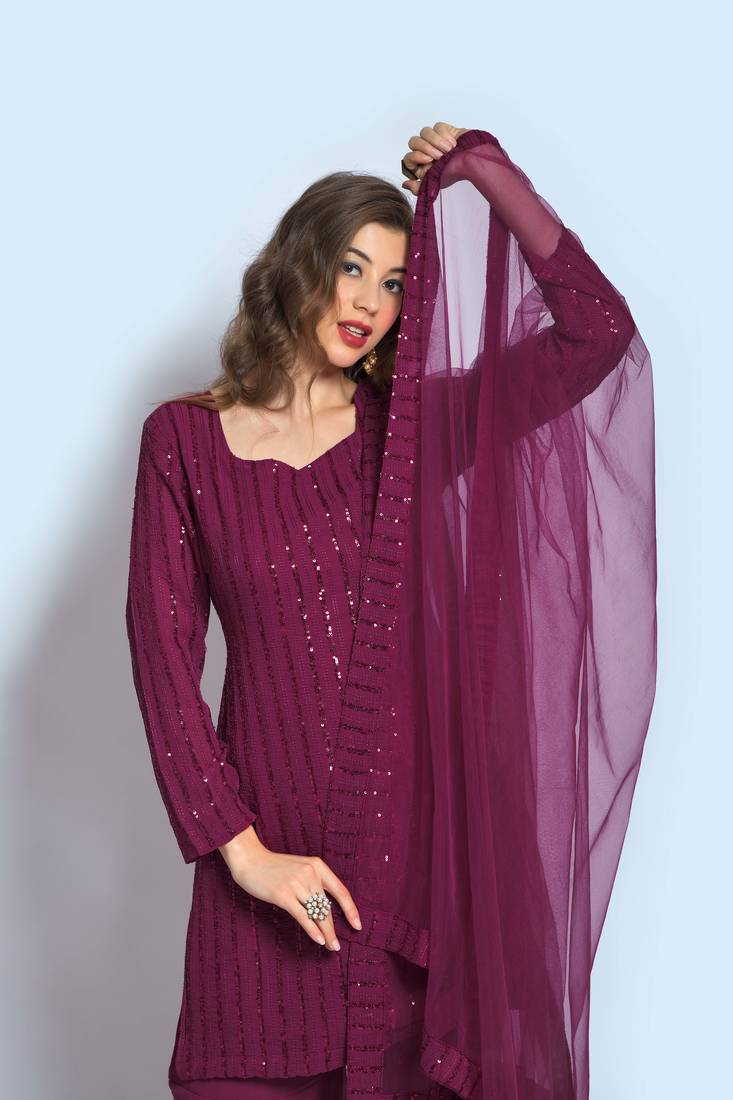 Wine Faux Georgette Sequin Embroidered Semi-Stitched Kameez, Sharara and Dupatta Set