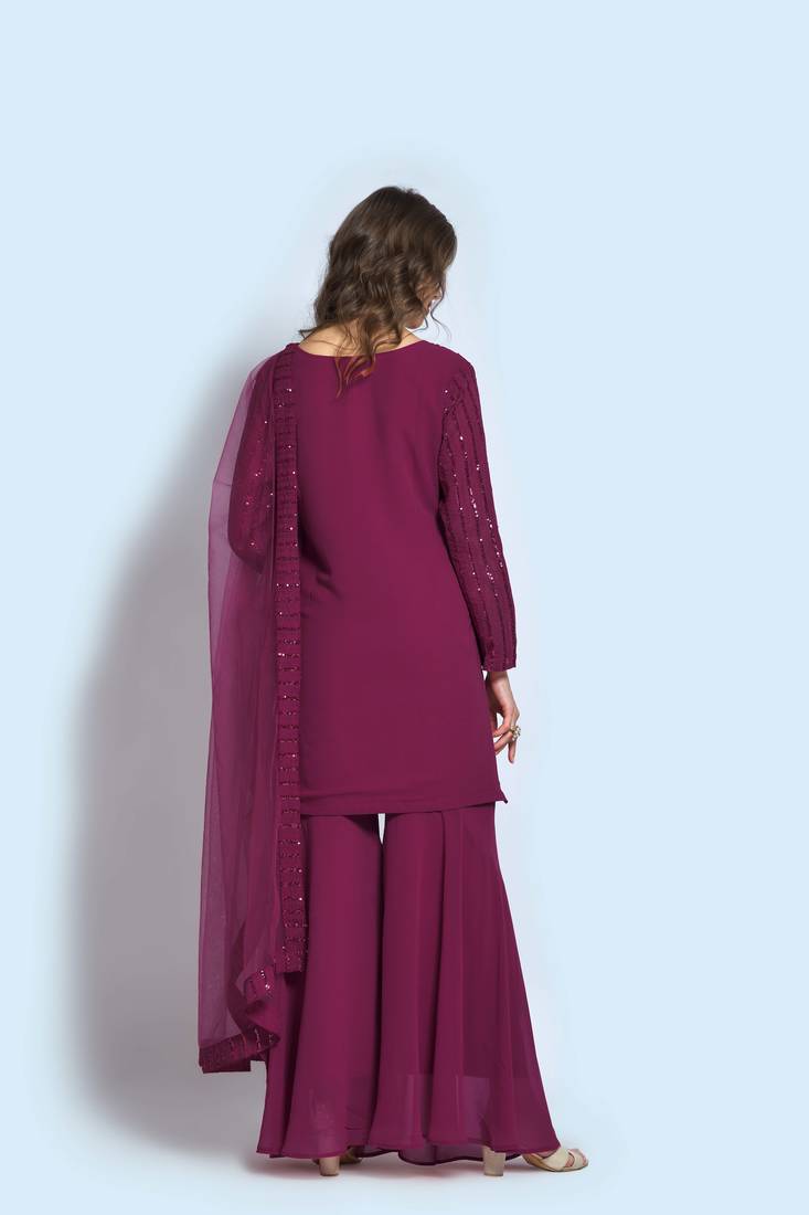 Wine Faux Georgette Sequin Embroidered Semi-Stitched Kameez, Sharara and Dupatta Set