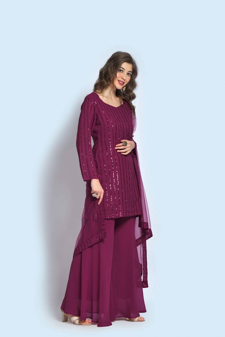 Wine Faux Georgette Sequin Embroidered Semi-Stitched Kameez, Sharara and Dupatta Set