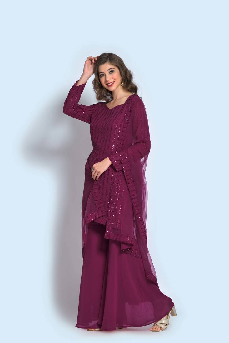 Wine Faux Georgette Sequin Embroidered Semi-Stitched Kameez, Sharara and Dupatta Set